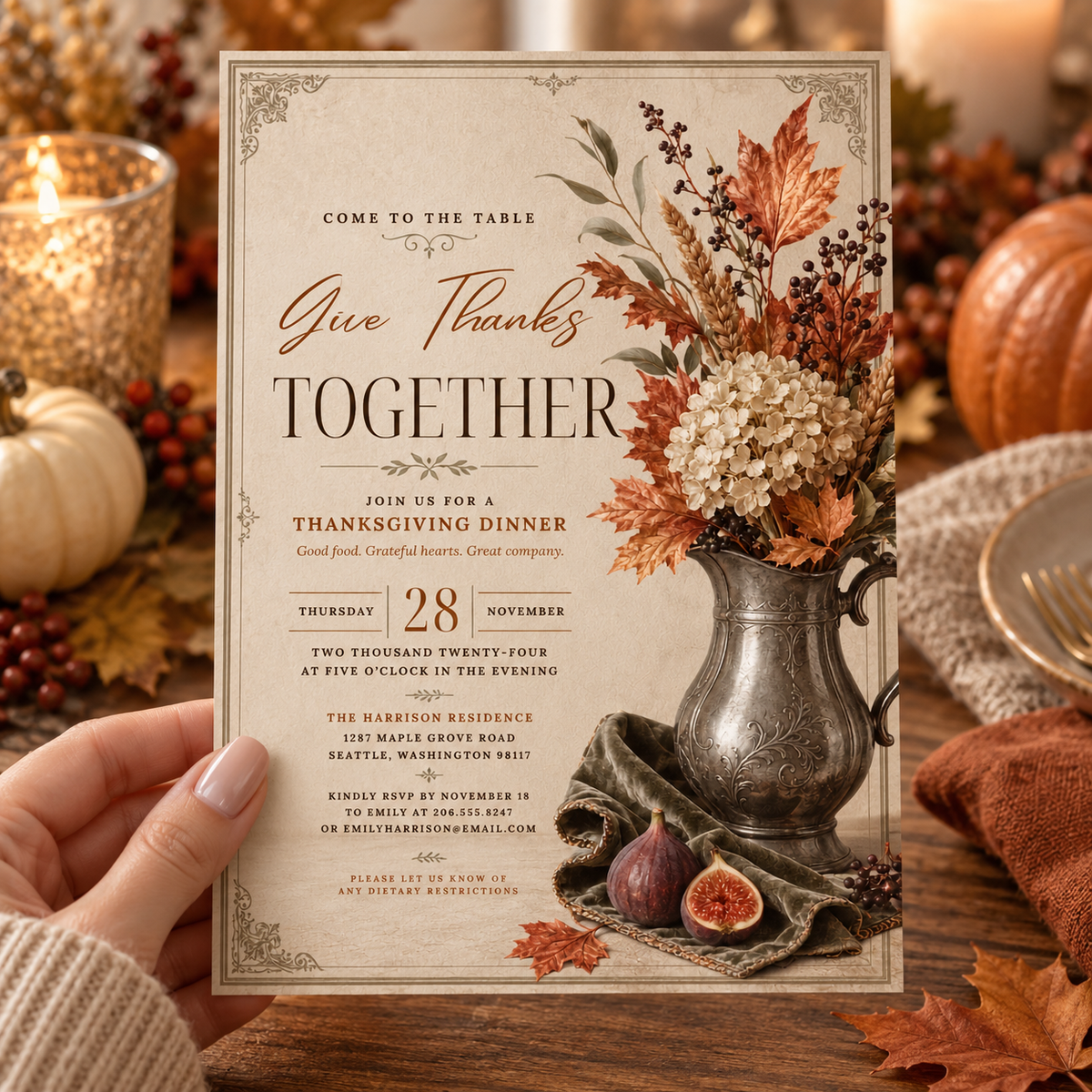 Give Thanks Together Thanksgiving Dinner invitation Canva template held in hand, editable vintage pewter vase design