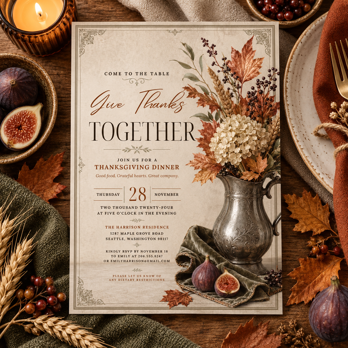 Give Thanks Together Thanksgiving Dinner invitation Canva template with figs and wheat, editable elegant autumn design
