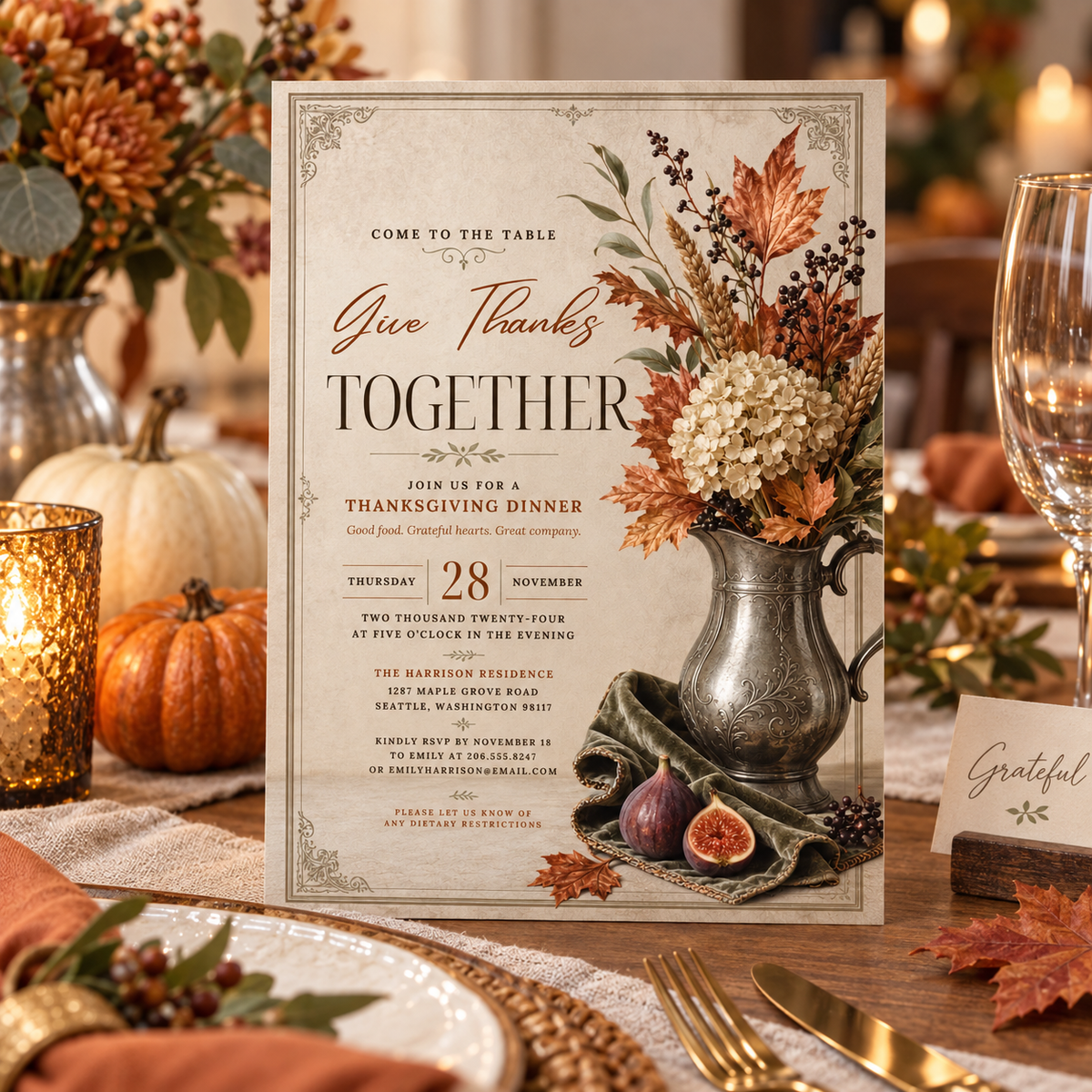 Give Thanks Together Thanksgiving Dinner invitation template displayed at table setting with Grateful place card, editable digital download