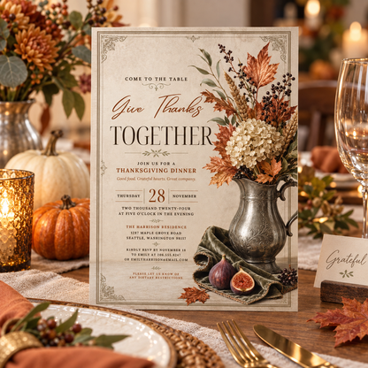 Give Thanks Together Thanksgiving Dinner invitation template displayed at table setting with Grateful place card, editable digital download