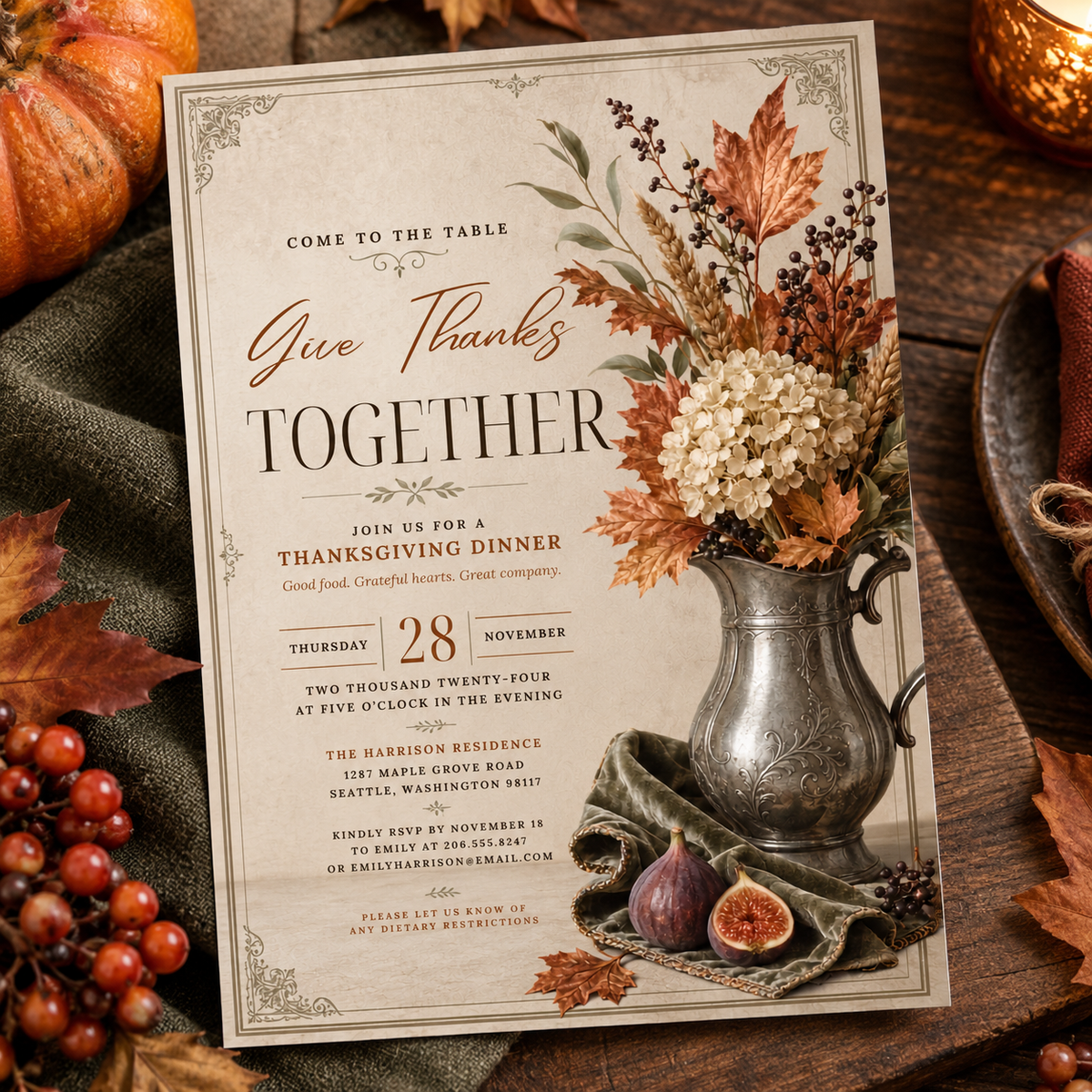 Give Thanks Together Thanksgiving Dinner invitation template near pumpkins, editable vintage design