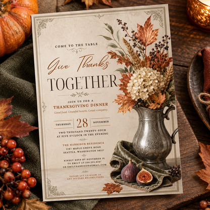 Give Thanks Together Thanksgiving Dinner invitation template near pumpkins, editable vintage design