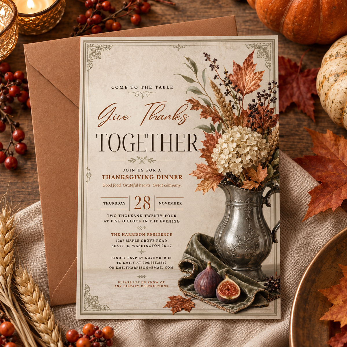 Give Thanks Together Thanksgiving Dinner invitation Canva template with kraft envelope, editable autumn design