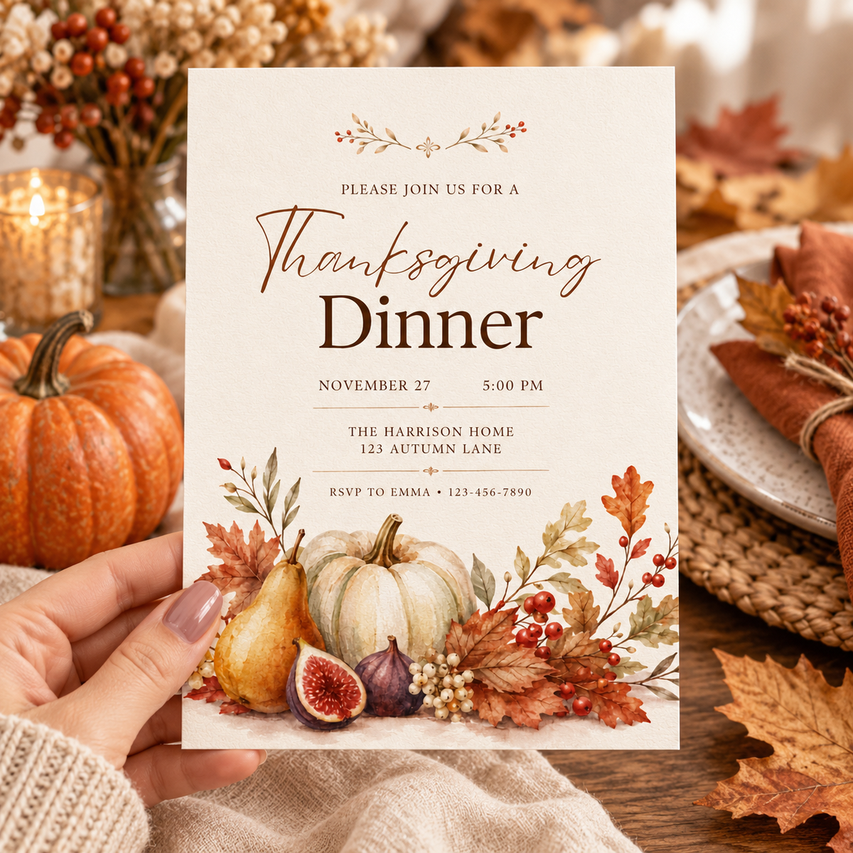 Thanksgiving Dinner invitation Canva template held in hand, editable pear fig design