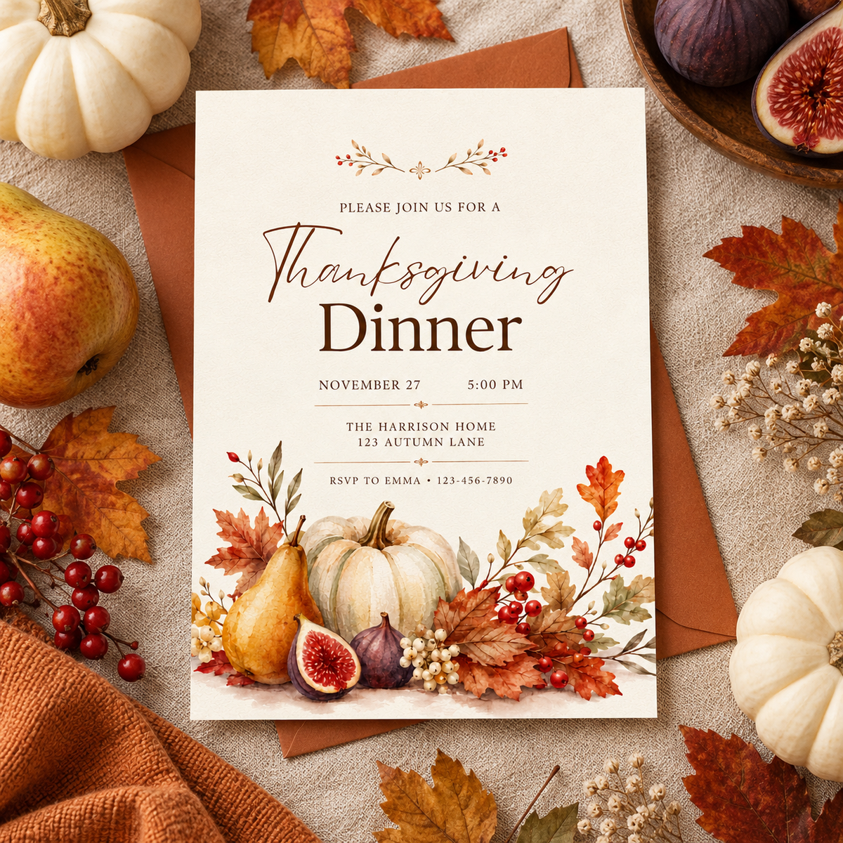 Thanksgiving Dinner invitation Canva template with brown envelope and pear, editable elegant autumn design