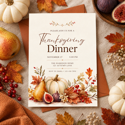 Thanksgiving Dinner invitation Canva template with brown envelope and pear, editable elegant autumn design