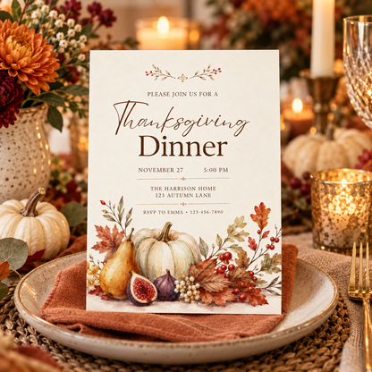 Thanksgiving Dinner invitation template displayed at candlelit table setting, editable digital download