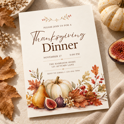 Thanksgiving Dinner invitation template with autumn leaves and white pumpkin, editable script design