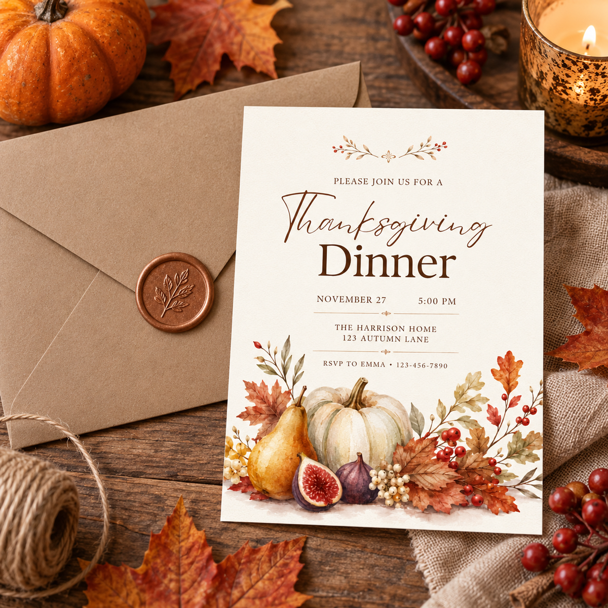 Thanksgiving Dinner invitation Canva template with kraft envelope and wax seal, editable fall design