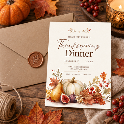 Thanksgiving Dinner invitation Canva template with kraft envelope and wax seal, editable fall design