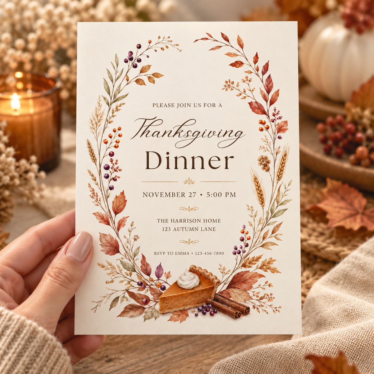 Thanksgiving Dinner invitation Canva template held in hand, editable autumn wreath design