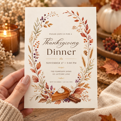 Thanksgiving Dinner invitation Canva template held in hand, editable autumn wreath design
