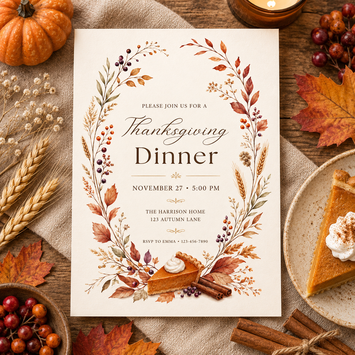 Thanksgiving Dinner invitation template with pumpkin, wheat, and pumpkin pie slice, editable rustic design