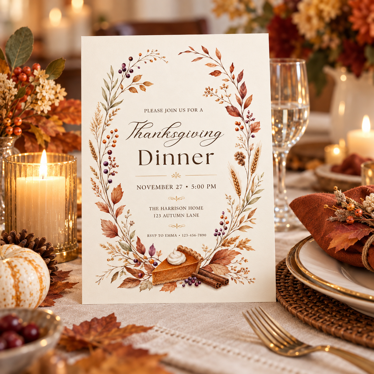 Thanksgiving Dinner invitation template displayed at candlelit table setting, editable digital download