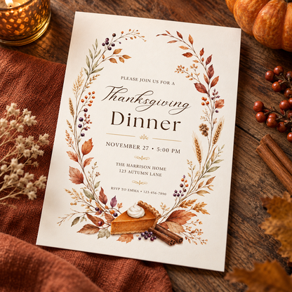 Thanksgiving Dinner invitation template on rust fabric with pumpkin and pinecone, editable autumn design