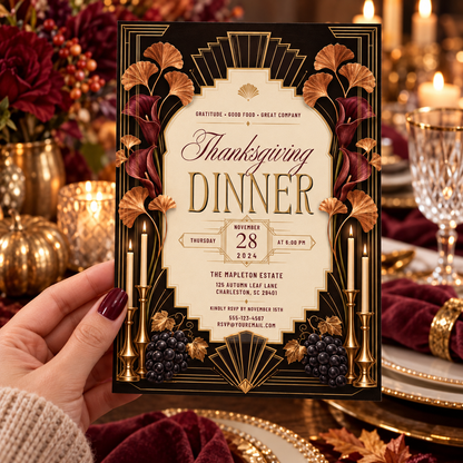 Thanksgiving Dinner invitation Canva template held in hand, editable Art Deco black gold design