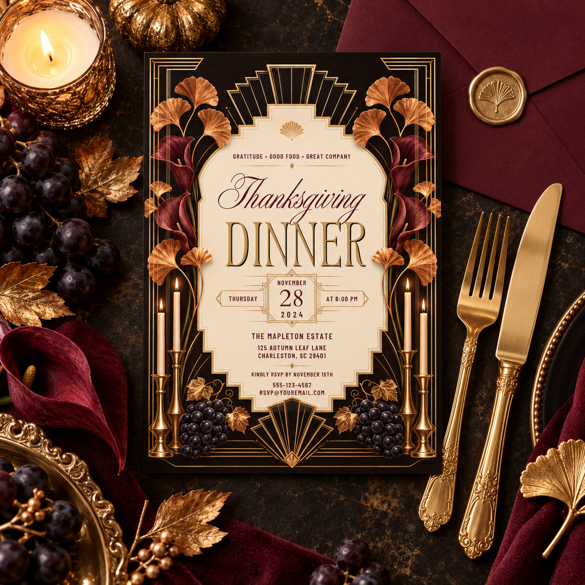 Thanksgiving Dinner invitation template with grapes and wax-sealed envelope, editable Art Deco design