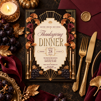 Thanksgiving Dinner invitation template with grapes and wax-sealed envelope, editable Art Deco design
