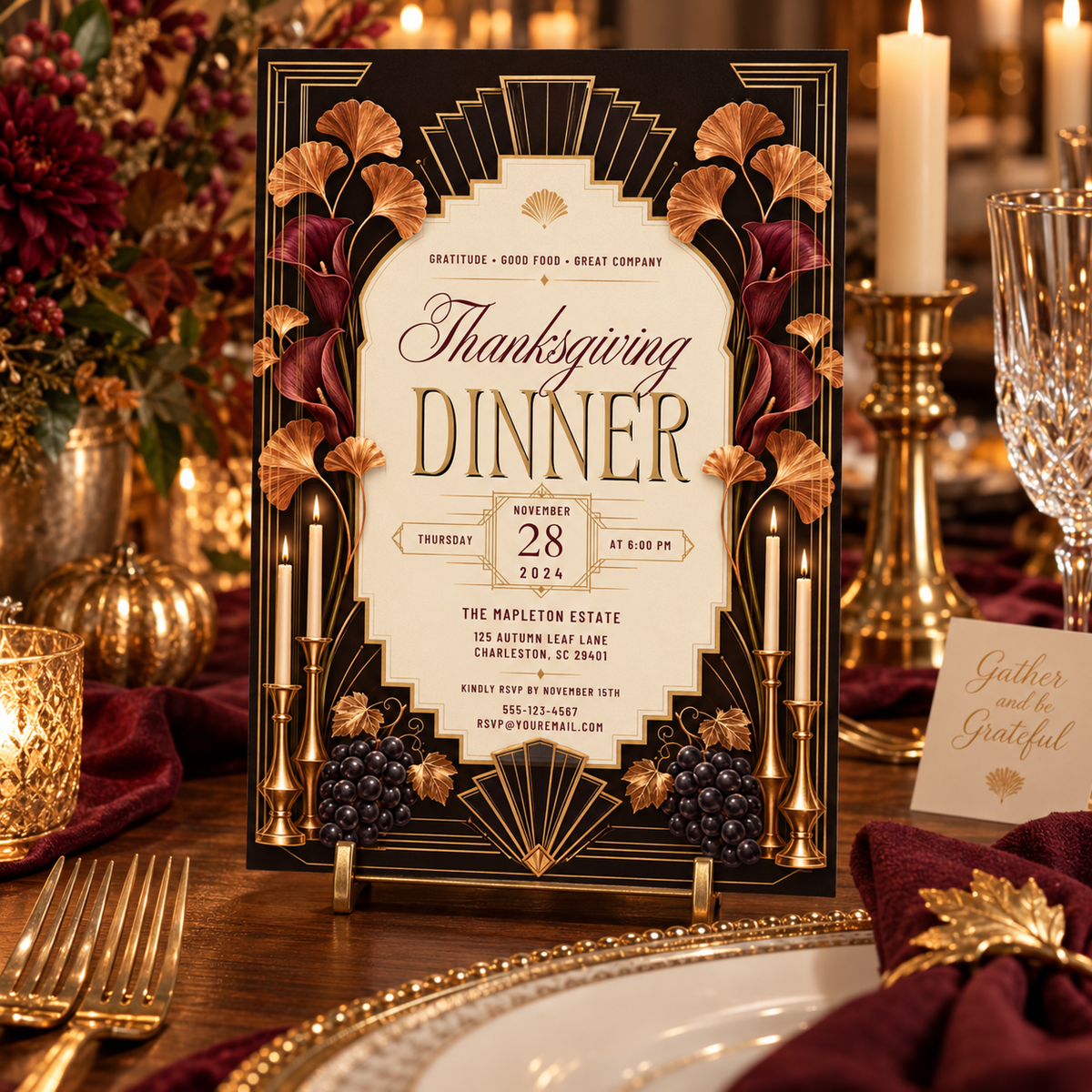 Thanksgiving Dinner invitation template displayed at candlelit table setting, editable digital download