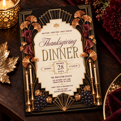 Thanksgiving Dinner invitation template with gold maple leaf, editable Art Deco design