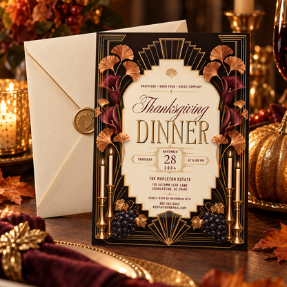 Thanksgiving Dinner invitation Canva template with cream envelope and wax seal, editable vintage design