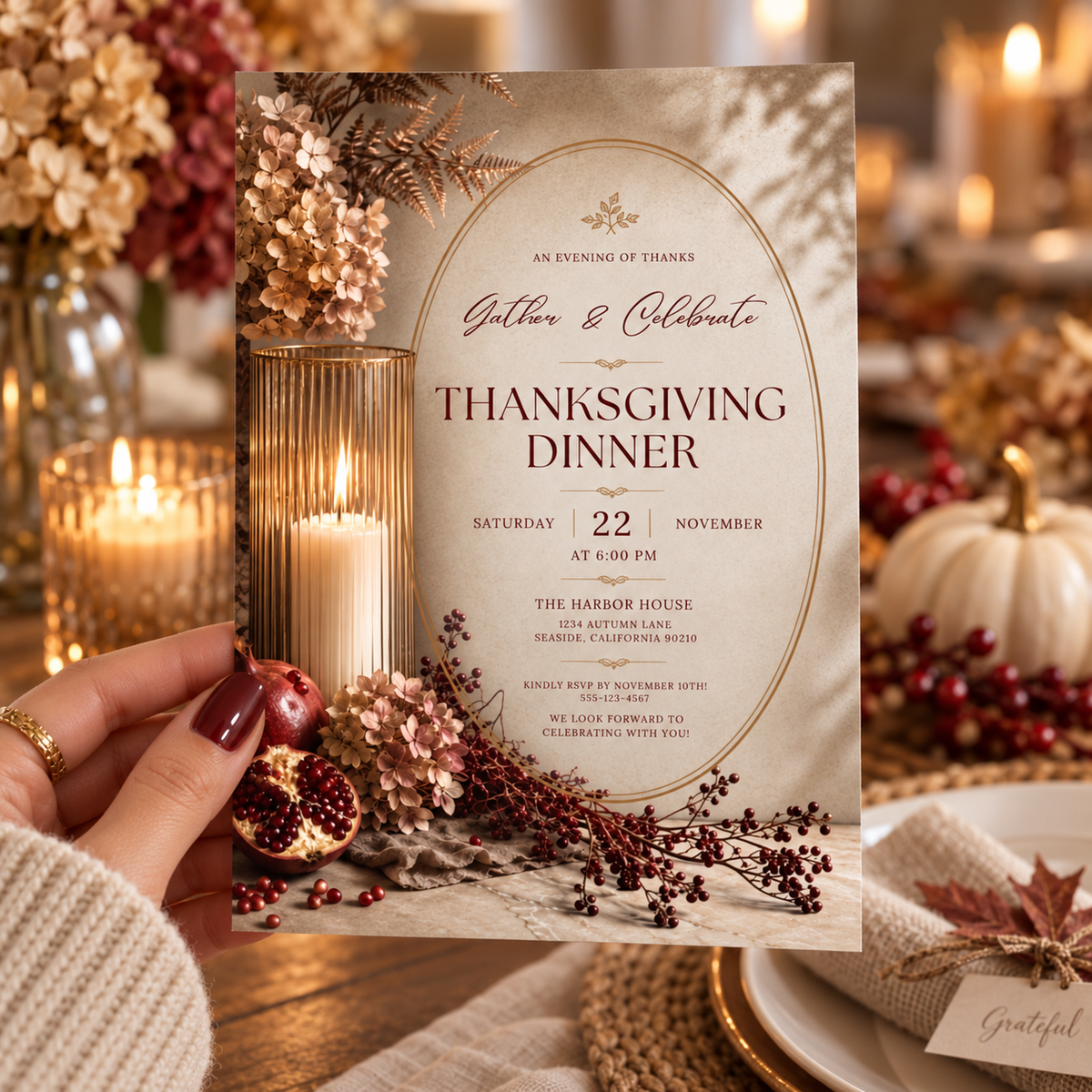 Thanksgiving Dinner invitation Canva template held in hand, editable pomegranate hydrangea design