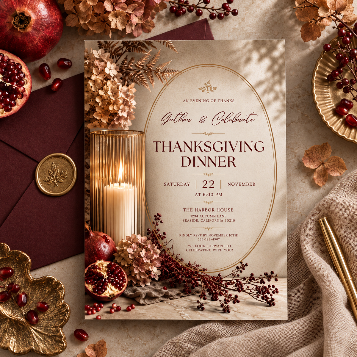 Thanksgiving Dinner invitation template with burgundy envelope and wax seal, editable elegant design
