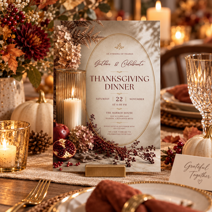 Thanksgiving Dinner invitation template displayed at candlelit table setting, editable digital download
