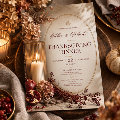 Thanksgiving Dinner invitation template on wood tray with pomegranate and candle, editable autumn design