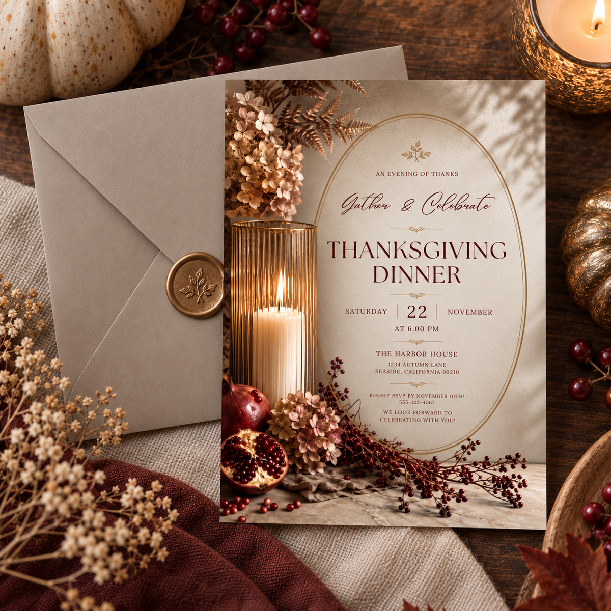 Thanksgiving Dinner invitation Canva template with taupe envelope and wax seal, editable gold design