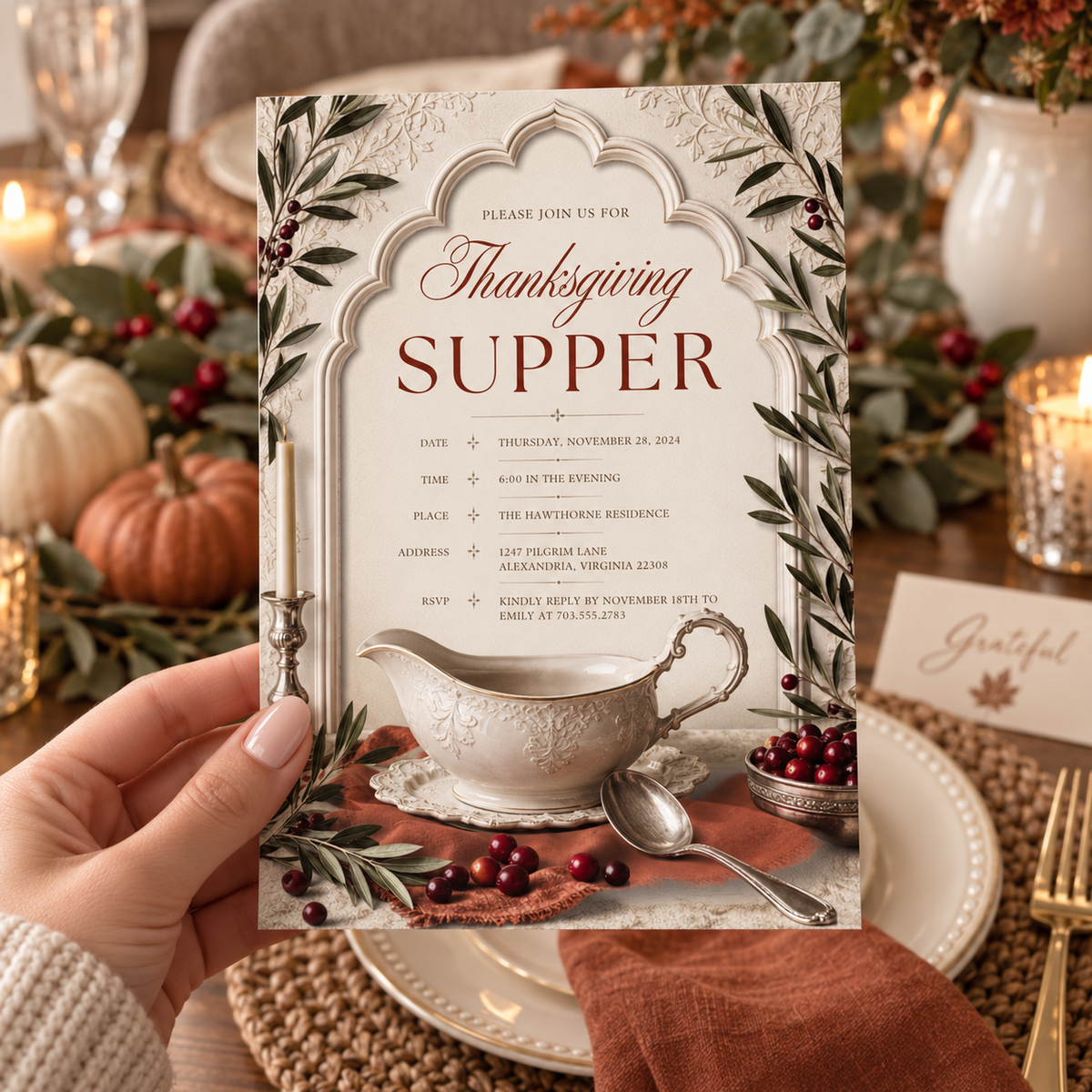 Thanksgiving Supper invitation Canva template held in hand, editable stone archway design