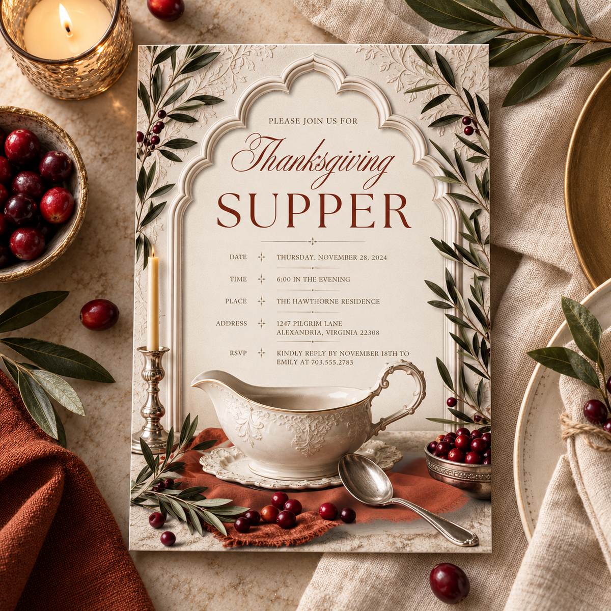 Thanksgiving Supper invitation template with cranberries and candle, editable olive branch design
