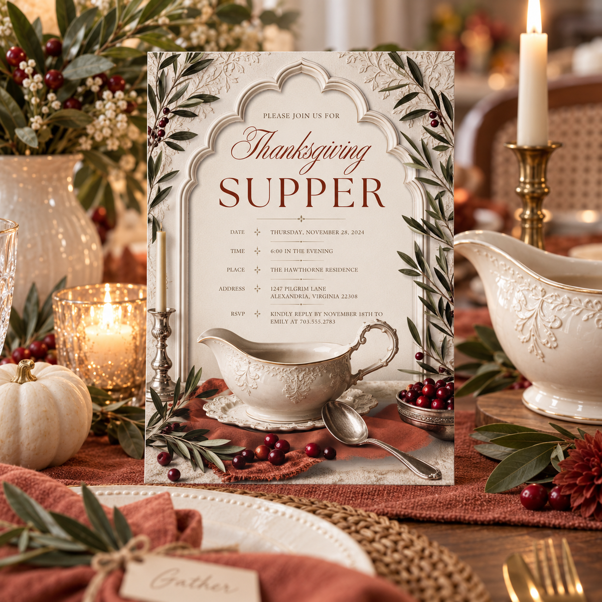 Thanksgiving Supper invitation template displayed at candlelit table setting, editable digital download
