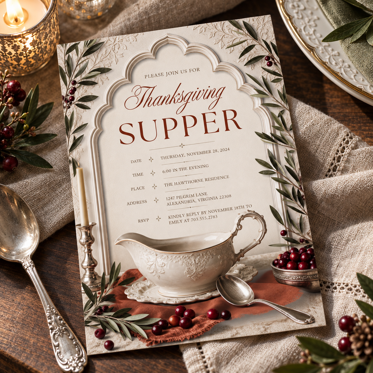 Thanksgiving Supper invitation template with silver spoon and cranberries, editable vintage design