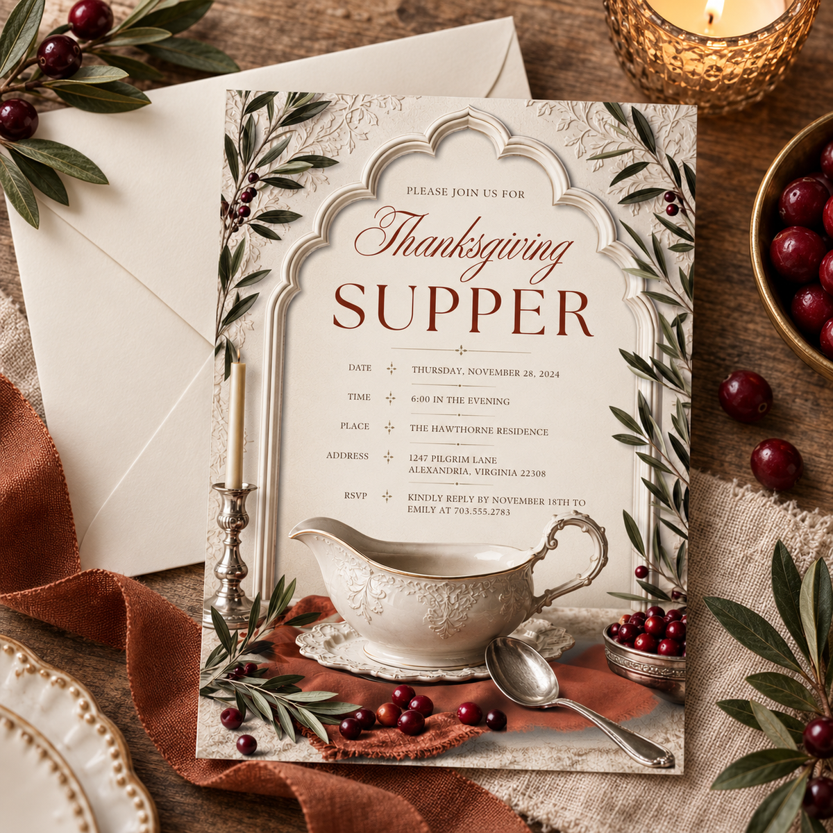 Thanksgiving Supper invitation Canva template with cream envelope, editable elegant design