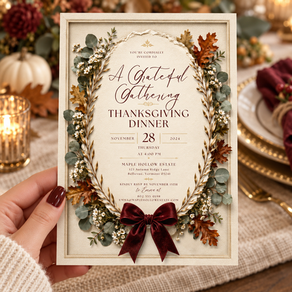A Grateful Gathering Thanksgiving Dinner invitation Canva template held in hand, editable eucalyptus wreath design