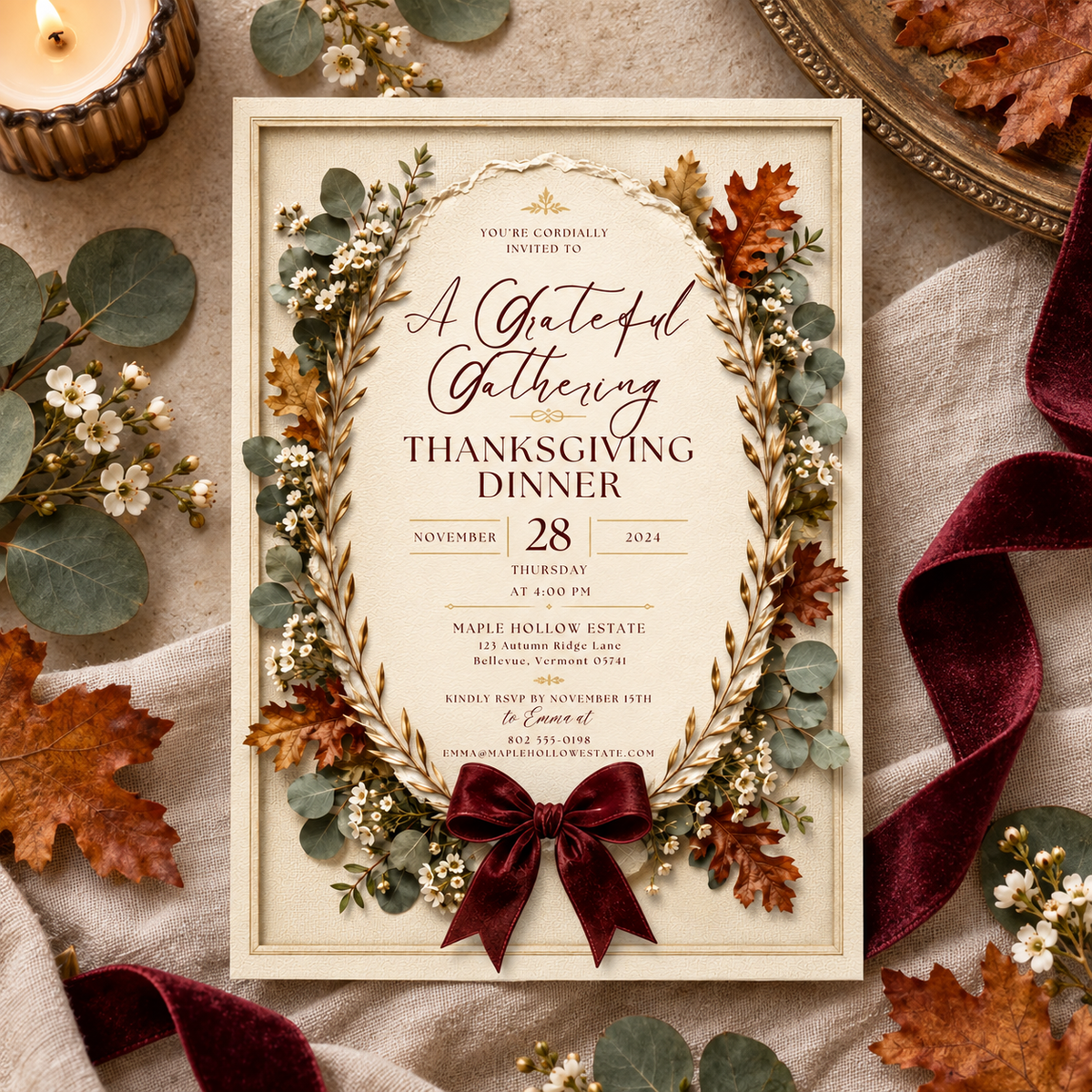 Thanksgiving Dinner invitation template with velvet ribbon and eucalyptus, editable oak leaf design