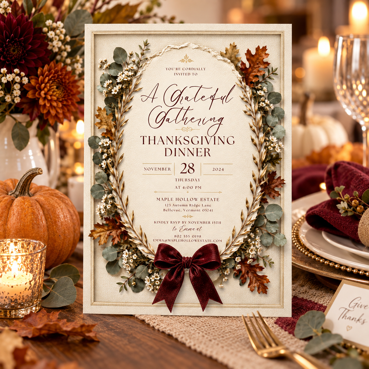 Thanksgiving Dinner invitation template displayed at candlelit table setting, editable digital download