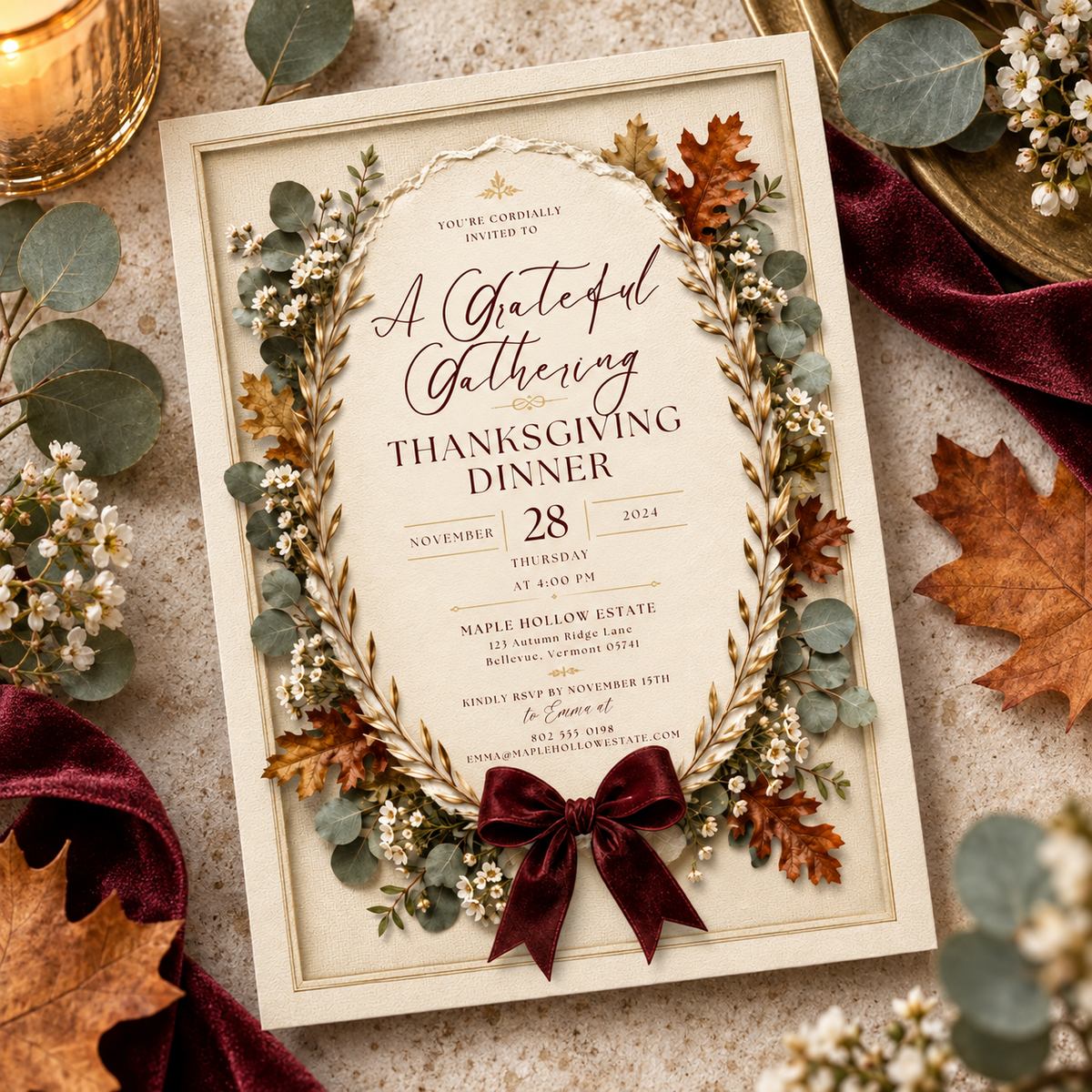 Thanksgiving Dinner invitation template with autumn leaves and eucalyptus, editable wreath design