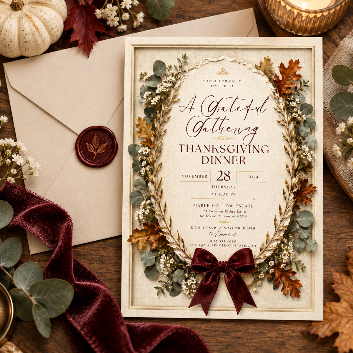 Thanksgiving Dinner invitation Canva template with taupe envelope and wax seal, editable elegant design