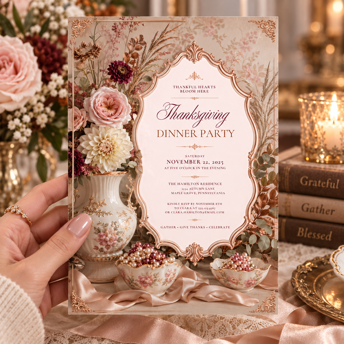 Thanksgiving Dinner Party invitation Canva template held in hand, editable rose gold floral design