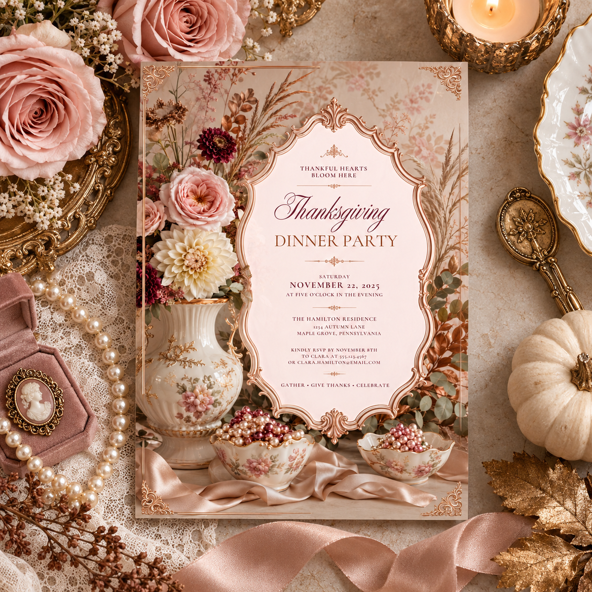 Thanksgiving Dinner Party invitation template with pearls and vintage brooch, editable Victorian design