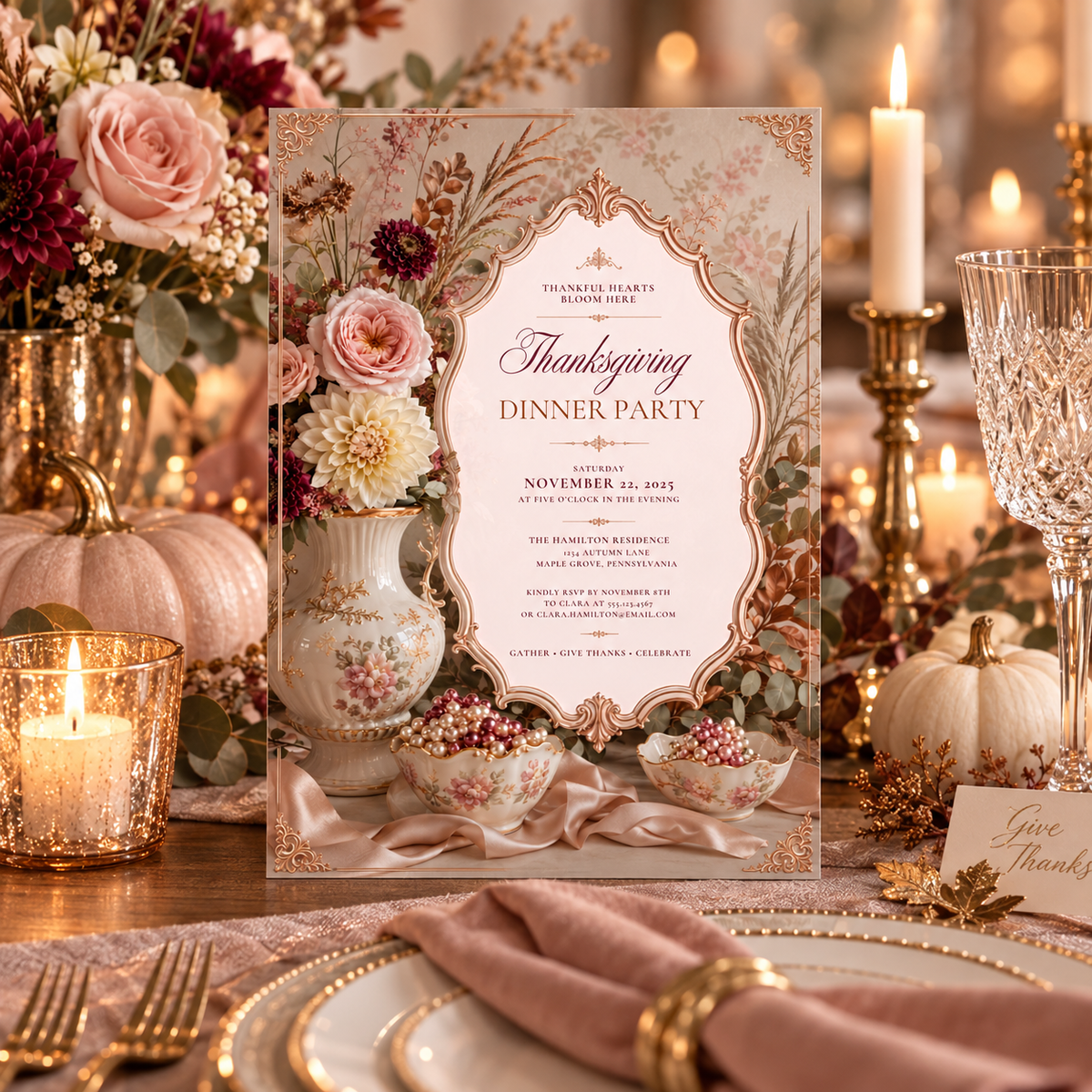 Thanksgiving Dinner Party invitation template displayed at candlelit table setting, editable digital download