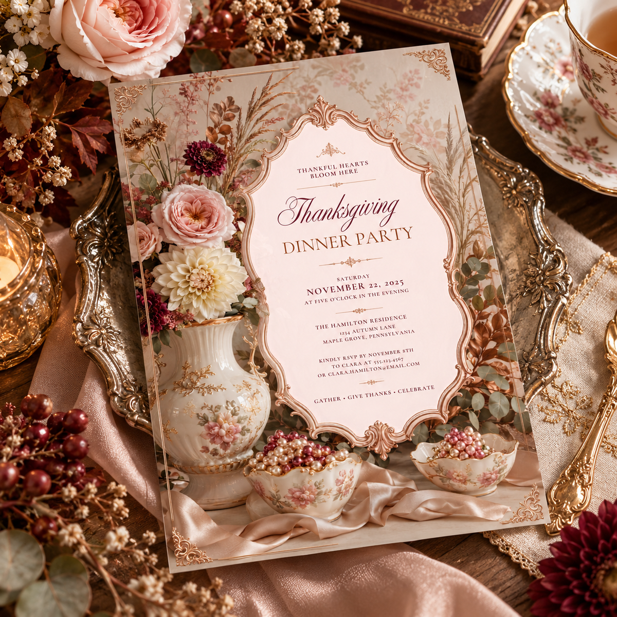 Thanksgiving Dinner Party invitation template on gold tray with roses, editable vintage design
