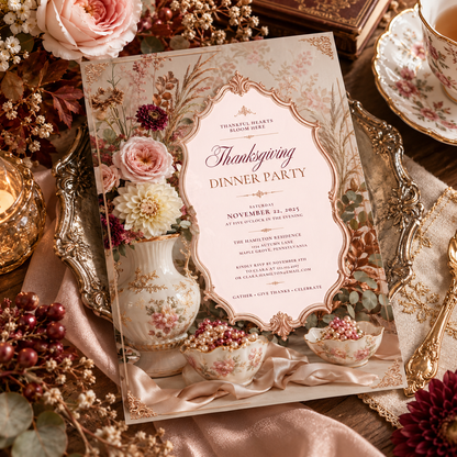 Thanksgiving Dinner Party invitation template on gold tray with roses, editable vintage design