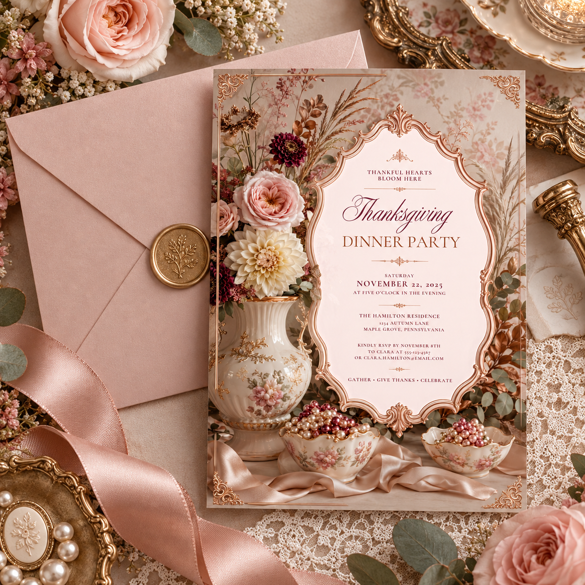Thanksgiving Dinner Party invitation Canva template with blush envelope and wax seal, editable elegant design