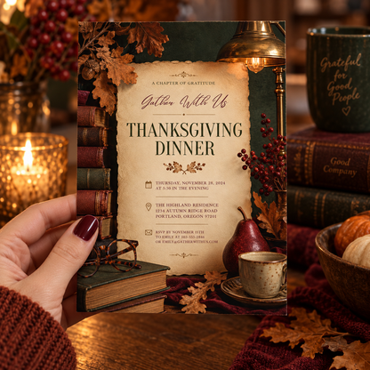 Thanksgiving Dinner invitation Canva template held in hand, editable vintage book parchment design