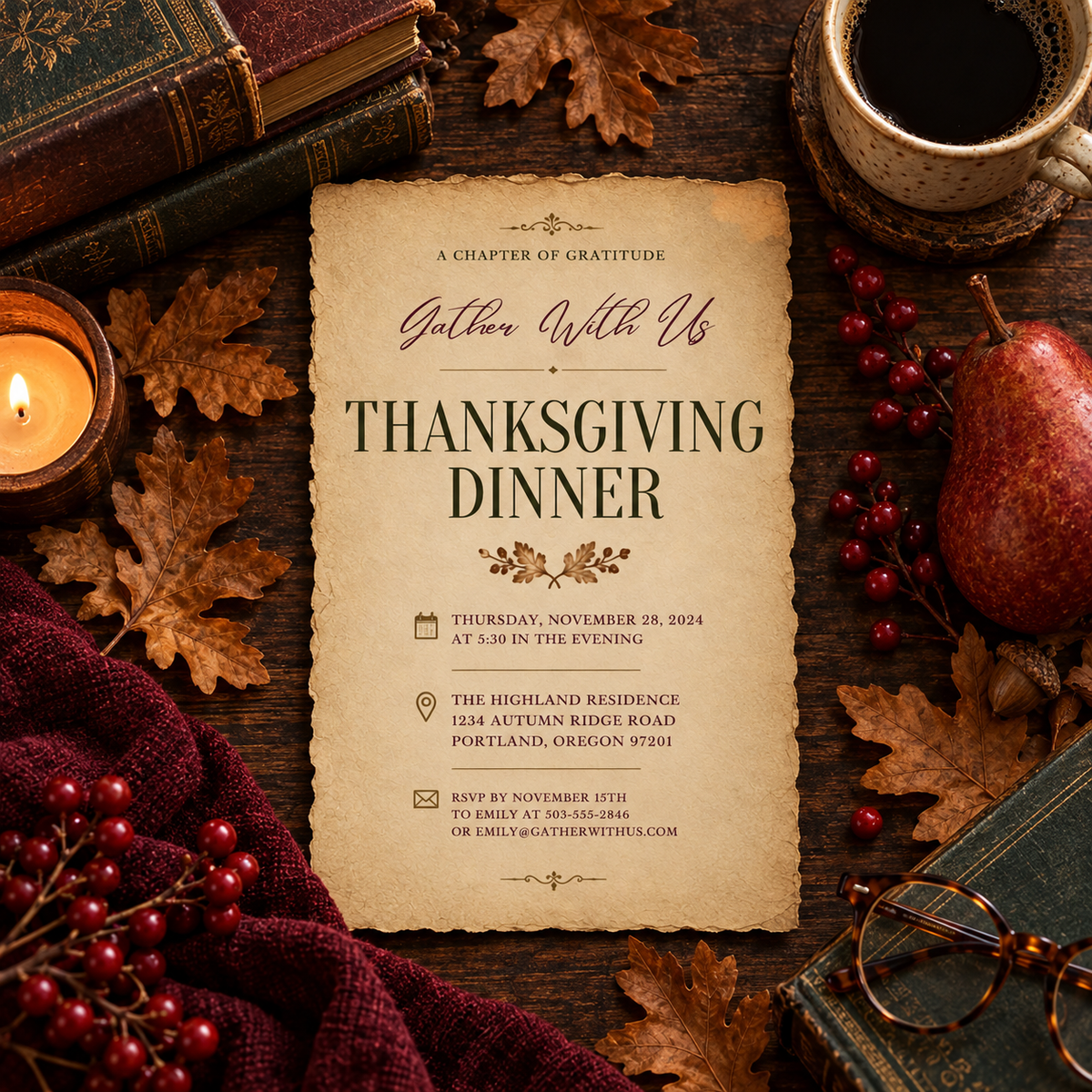 Thanksgiving Dinner invitation template with antique books and pear, editable rustic parchment design