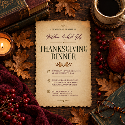 Thanksgiving Dinner invitation template with antique books and pear, editable rustic parchment design