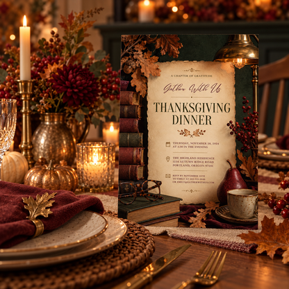 Thanksgiving Dinner invitation template displayed at candlelit table setting, editable digital download